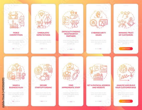 Startup launch red onboarding mobile app page screen set. Starting business walkthrough 5 steps graphic instructions with concepts. UI, UX, GUI vector template with linear color illustrations