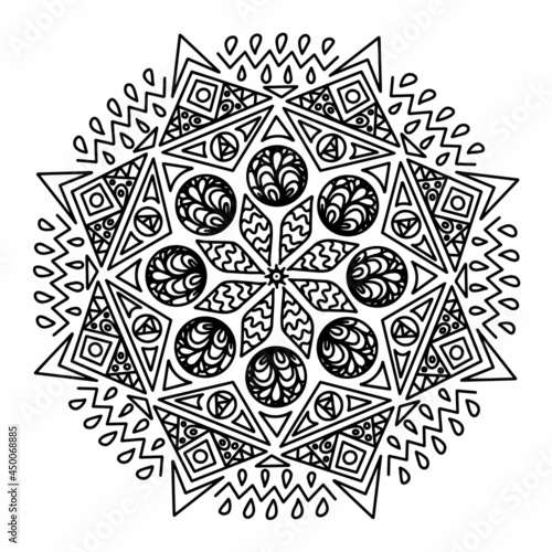 Abstract modern vector mandala with geometric figures, squares and circles in doodle, isolated on white background. Illustration for seasonal design, textile, decoration kids playroom or greeting card