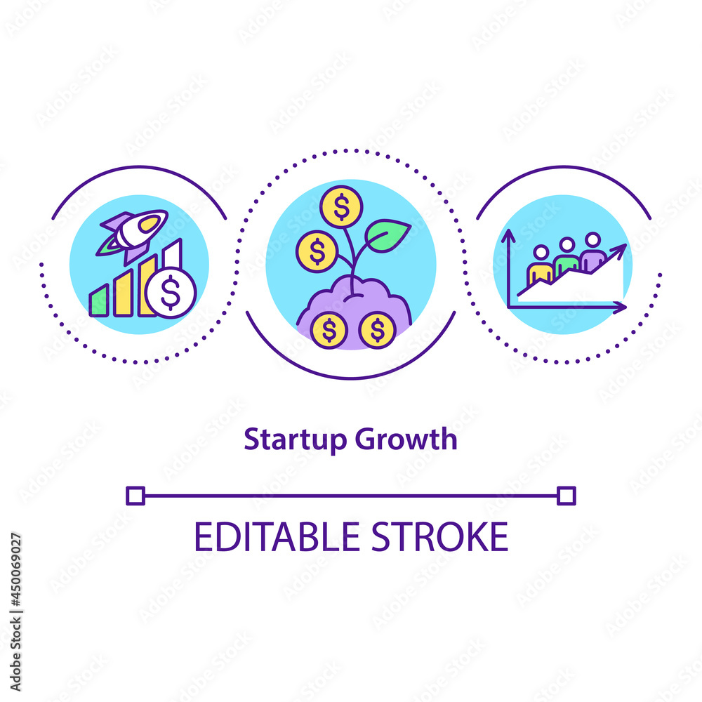 Startup growth concept icon. Starting business. Investing money. Successful company development abstract idea thin line illustration. Vector isolated outline color drawing. Editable stroke