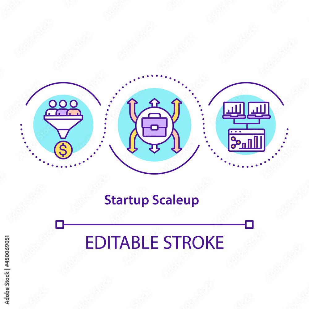 Startup scaleup concept icon. Company growth and business development. Successful strategy. Start up launch abstract idea thin line illustration. Vector isolated outline color drawing. Editable stroke Startup scaleup concept icon. Company growth and business development. Successful strategy. Start up launch abstract idea thin line illustration. Vector isolated outline color drawing. Editable stroke