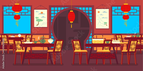 Cartoon Color Chinese Restaurant Traditional Interior Inside Concept Flat Design Style . Vector illustration of Asian Cuisine Bar or Cafe