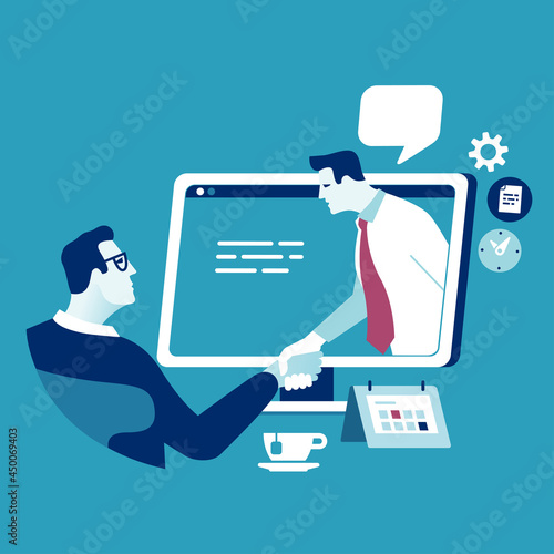 Cooperation. Distance work. Online working. The businessmen shaking hands over  PC monitor. Online business illustration. 