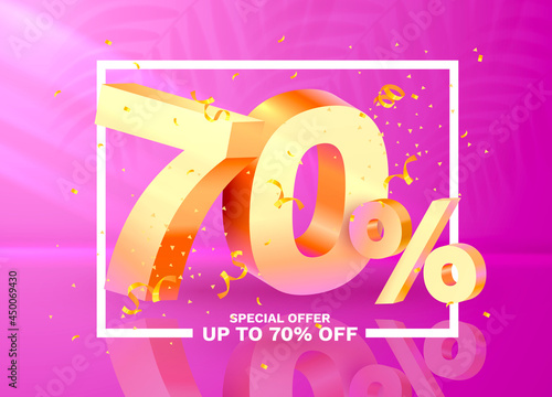 70 Off. Discount creative composition. 3d Golden sale symbol with decorative objects, golden confetti. Sale banner and poster. Vector
