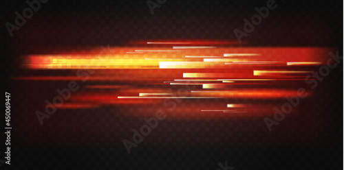 Red light fast motion, speed lines movement abstract fusion effect vector illustration. Futuristic horizontal line blur texture of speedy transportation, graphic action stripes on dark background