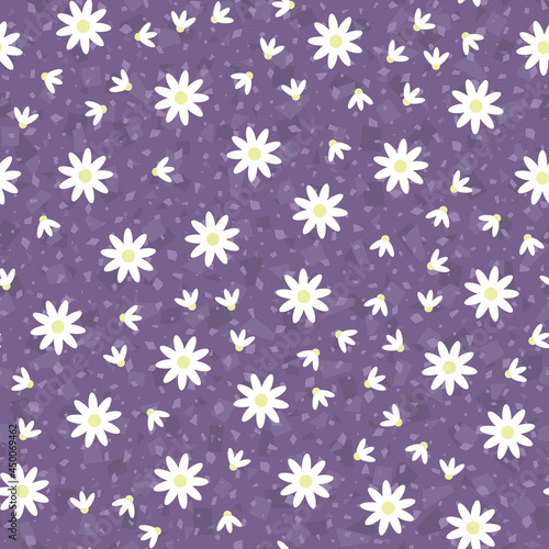 Chamomile seamless pattern. Abstract background with white daisies. Pattern for textiles, fabrics, bed linen, wallpaper. Decorative purple, lilac print for design with chamomile and daisies. Vector