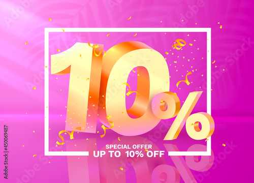10 Off. Discount creative composition. 3d Golden sale symbol with decorative objects, golden confetti. Sale banner and poster. Vector