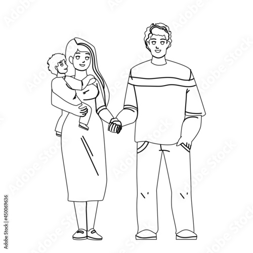 Happiness Mixed Family Standing Together Black Line Pencil Drawing Vector. African Man Husband, Caucasian Woman Wife And Child, Happy Multiracial Family. Father, Mother And Son Kid Illustration