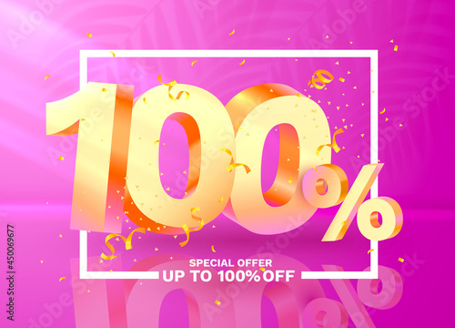 100 Off. Discount creative composition. 3d Golden sale symbol with decorative objects, golden confetti. Sale banner and poster. Vector