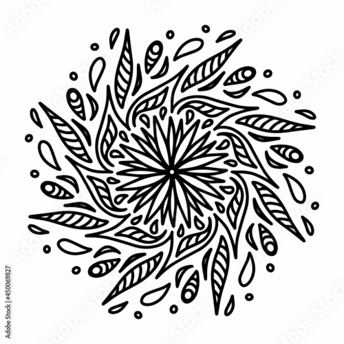 Floral vector mandala with flowers and leaves in doodle style isolated on white background. Funny coloring and cute illustration for seasonal design, textile, decoration kids playroom or greeting card