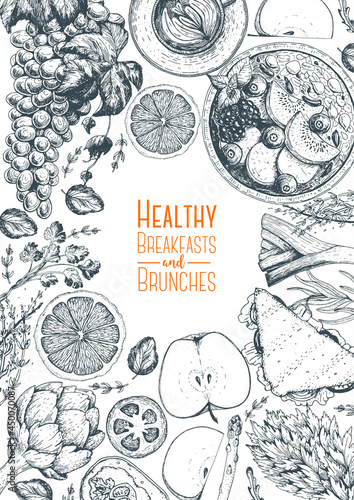 Fitness breakfasts and brunches top view frame. Healthy food menu design. Vintage hand drawn sketch vector illustration. Engraved style image. Fruits and vegetables for vegetarian breakfast.