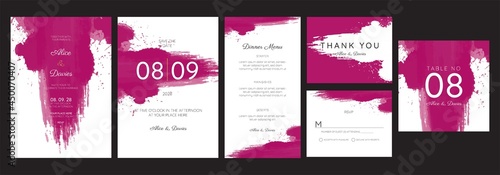 Wedding Invitation Set, magenta watercolour stroke invitation, thank you, rsvp. Elegant modern template vector, trendy cover, graphic poster, retro brochure, design template