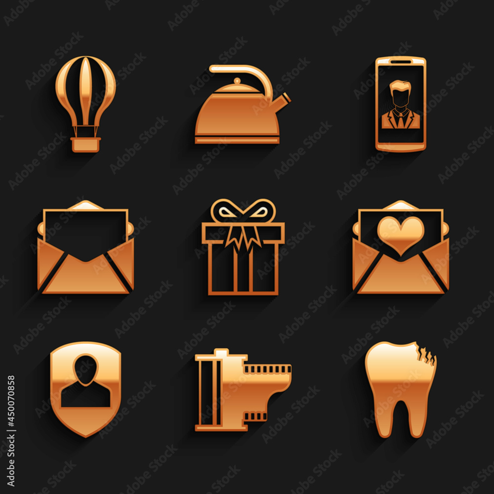 Set Gift box, Camera film roll cartridge, Broken tooth, Envelope with Valentine heart, User protection and Mail and e-mail icon. Vector Set Gift box, Camera film roll cartridge, Broken tooth, Envelope with Valentine heart, User protection and Mail and e-mail icon. Vector