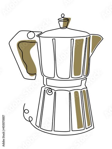 Continuous one line drawing of coffee maker in color for coffee shop poster wall, contour line art design for t-shirt fashion print, logo, emblem, template. Single line draw vector illustration