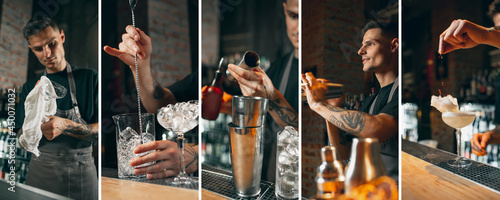 Collage of images of male bartender preparing cocktail in cafe or restaurant photo