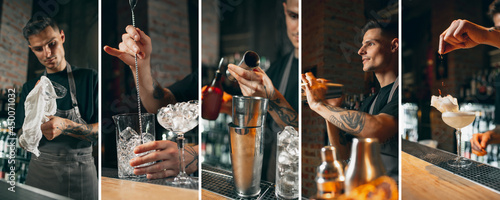 Obraz na płótnie Collage of images of male bartender preparing cocktail in cafe or restaurant