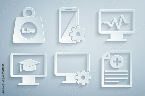 Set Computer monitor and gear, Monitor with cardiogram, graduation cap, Clinical record, Setting smartphone and Weight pounds icon. Vector