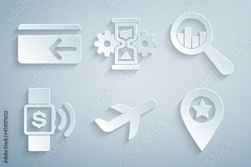 Set Plane, Magnifying glass and analysis, Contactless payment, Location with star, Hourglass gear and Cash back icon. Vector