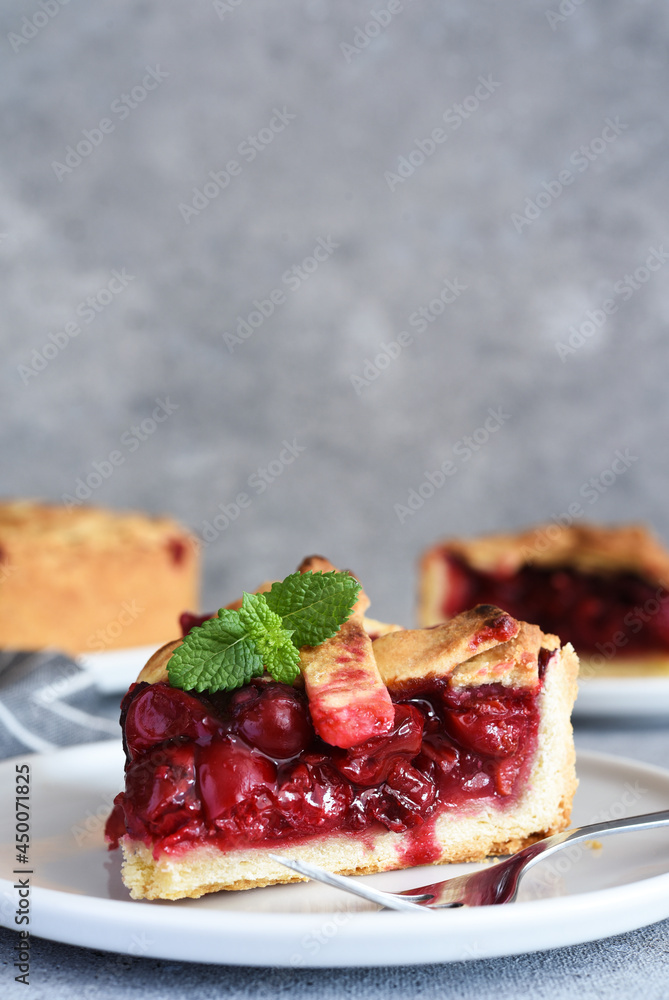 slice of cherry pie on the kitchen table. Fruit pie. Tart. Stock Photo |  Adobe Stock