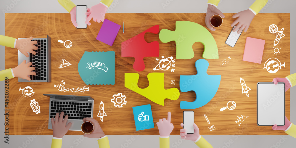 Fototapeta premium Jigsaw puzzle light bulb on desk. Conceptual for brainstorming and teamwork. 3d rendering