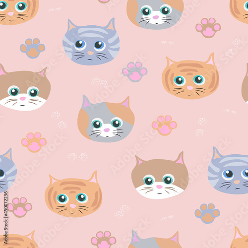 Seamless pattern with a cat's face and paws on pink background. Colorful vector illustration. Ideal for cover, wallpaper, fabric, wrapping.