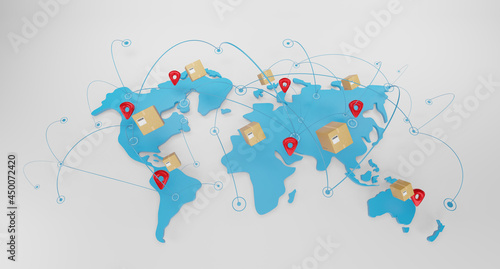 world wide shipping concept with package boxes on world globe map. Express delivery concept, fast shipping, 3d illustration