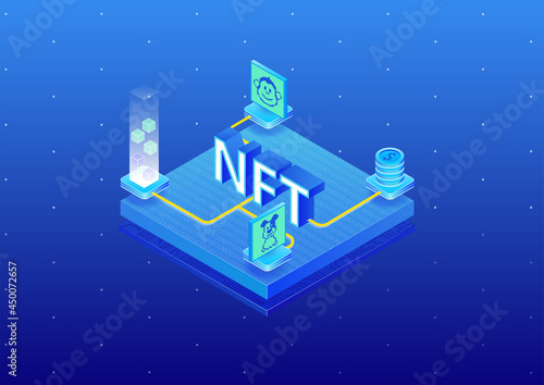 NFT Non fungible token concept infographic. 3d isometric vector illustration of digital artwork purchased via the blockchain.