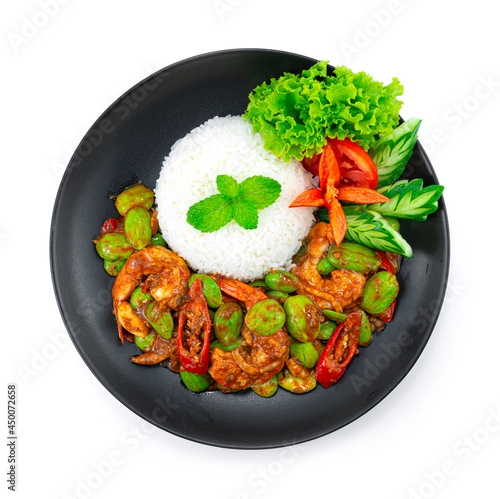 Stir Fried Stink Bean (Bitter Bean) with Shrimps and Shrimp Paste Serving Rice Recipe (Goong Pad Kapi Sator) Thai Food