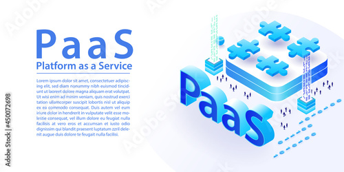 PaaS Platform as a Service concept infographic. Isometric 3d vector illustration of SaaS text as wide web banner in modern layout. photo