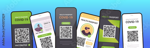 digital immunity passports with qr code on smartphone screens risk free covid-19 pandemic vaccinate certificate