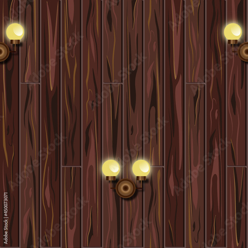 Seamless pattern with wooden boards and lamps. Vector illustration.