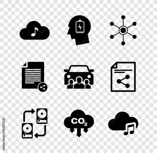 Set Music streaming service, Head with low battery, Network, Data exchange hhd, CO2 emissions cloud and icon. Vector