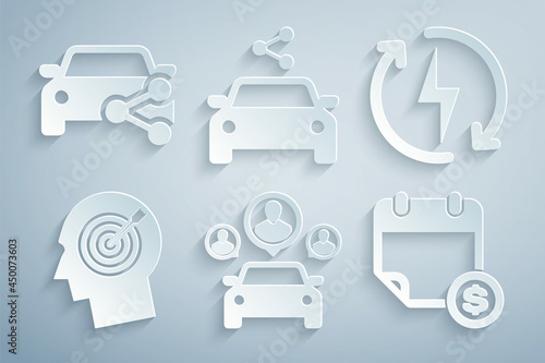 Set Car sharing, Recharging, Head hunting concept, Financial calendar, and icon. Vector