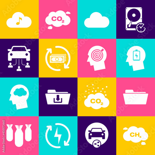 Set Methane emissions reduction, Folder, Head with low battery, Music streaming service, Refund money and Car sharing icon. Vector