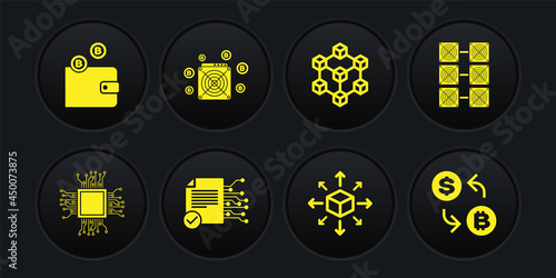 Set Processor, Mining farm, Smart contract, Distribution, Blockchain technology and ASIC Miner icon. Vector