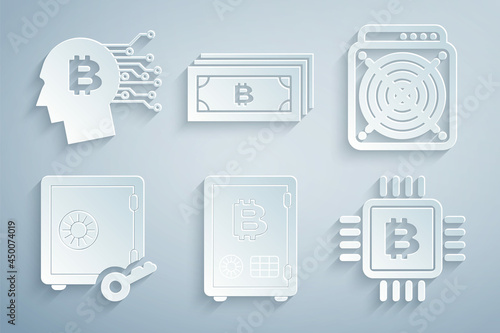 Set Proof of stake, ASIC Miner, , CPU mining farm, Cryptocurrency bitcoin and Bitcoin think icon. Vector