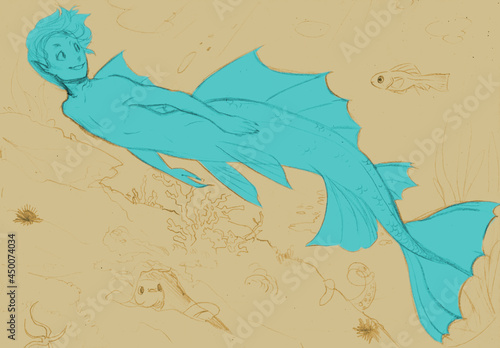 Sketch illustration of a merman swimming in the sea with a fish photo