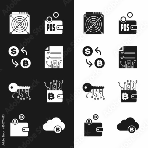 Set Smart contract, Cryptocurrency exchange, ASIC Miner, Proof of stake, key and wallet icon. Vector