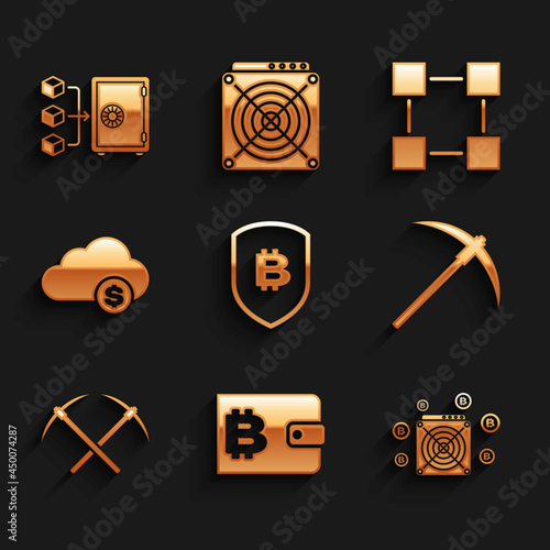 Set Shield with bitcoin, Cryptocurrency wallet, ASIC Miner, Pickaxe, Crossed pickaxe and cloud mining icon. Vector