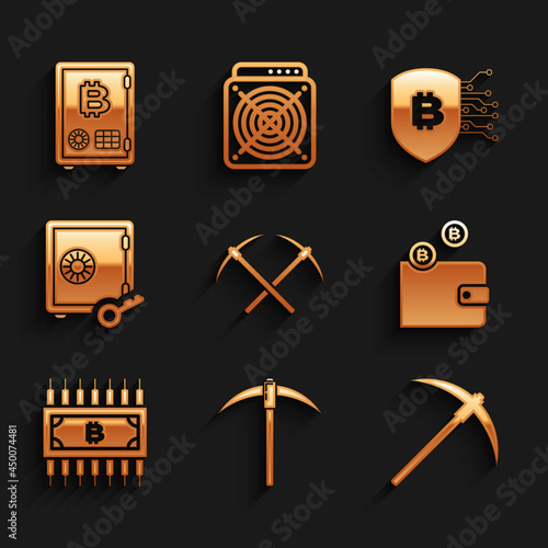Set Crossed pickaxe, Pickaxe, , Cryptocurrency wallet, bitcoin with circuit and Proof of stake icon. Vector