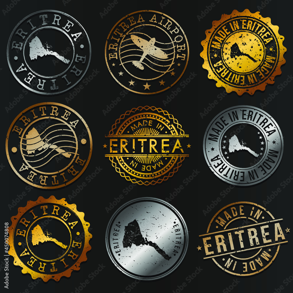 Naklejka premium Eritrea Business Metal Stamps. Gold Made In Product Seal. National Logo Icon. Symbol Design Insignia Country.