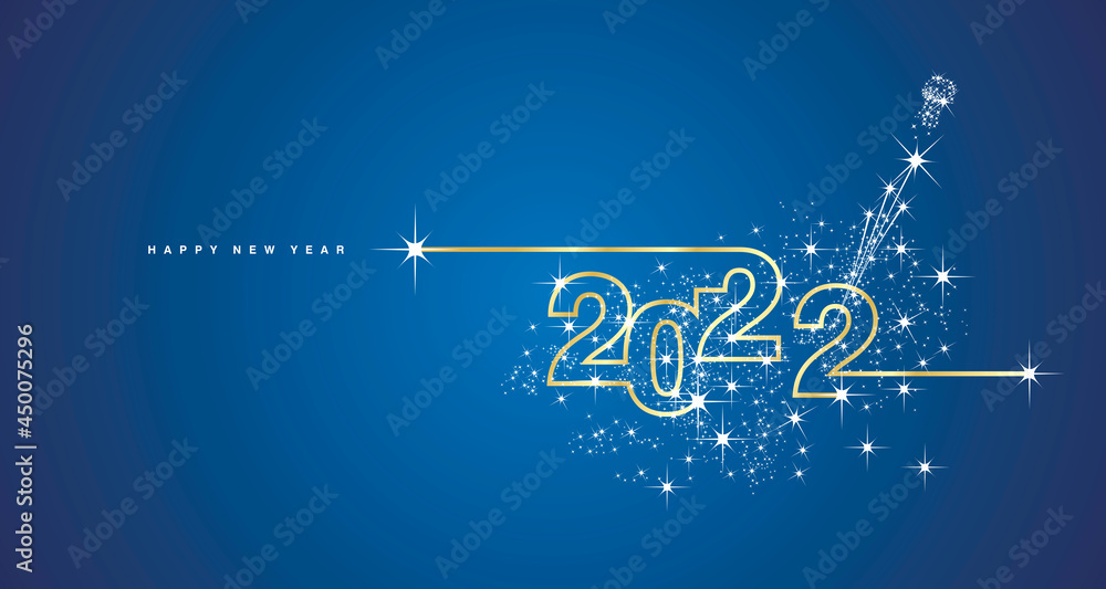 Plakat New Year 2022 line design sparkle firework open champagne gold white blue vector banner