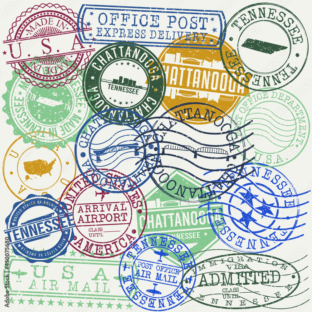 Chattanooga, TN, USA Set of Stamps. Travel Stamp. Made In Product. Design Seals Old Style Insignia.