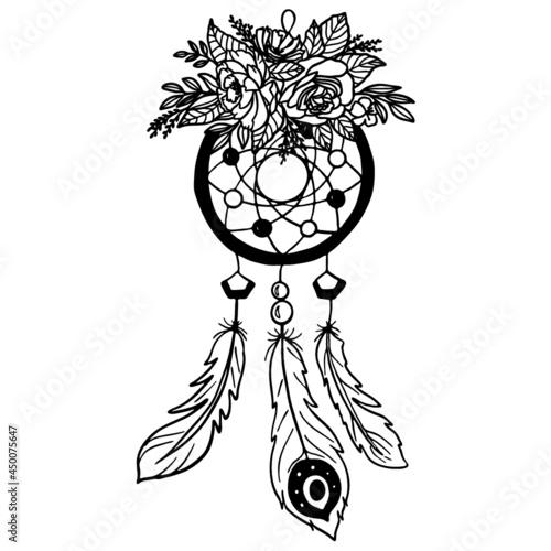 Vector dreamcatcher with feathers and flowers. Floral dreamcatcher. Hand drawn vector dreamcatcher. Native American mystic symbol. Indian dreamcatcher. 