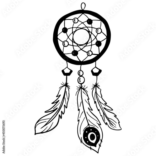 Vector dreamcatcher with feathers. Hand drawn vector dreamcatcher. Native American mystic symbol. Indian dreamcatcher. 