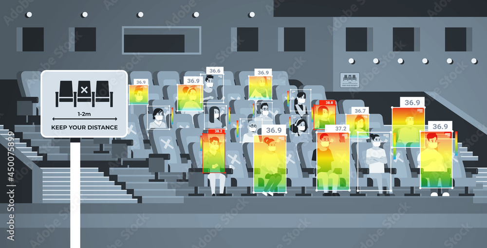 detecting elevated body temperature of people in cinema checking by non-contact thermal ai camera stop coronavirus detecting elevated body temperature of people in cinema checking by non-contact thermal ai camera stop coronavirus