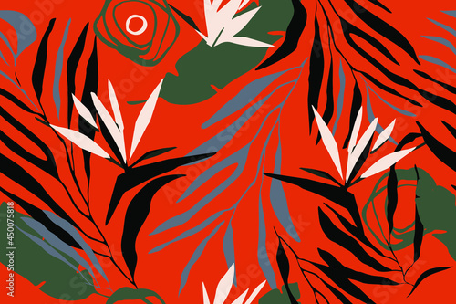 Leaves, grass, spots, stripes, circles. Safari. Camouflage. Modern seamless pattern. Natural ornament. Creative background