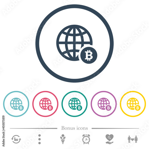 Online Bitcoin payment flat color icons in round outlines