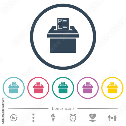 Voting paper and ballot box solid flat color icons in round outlines