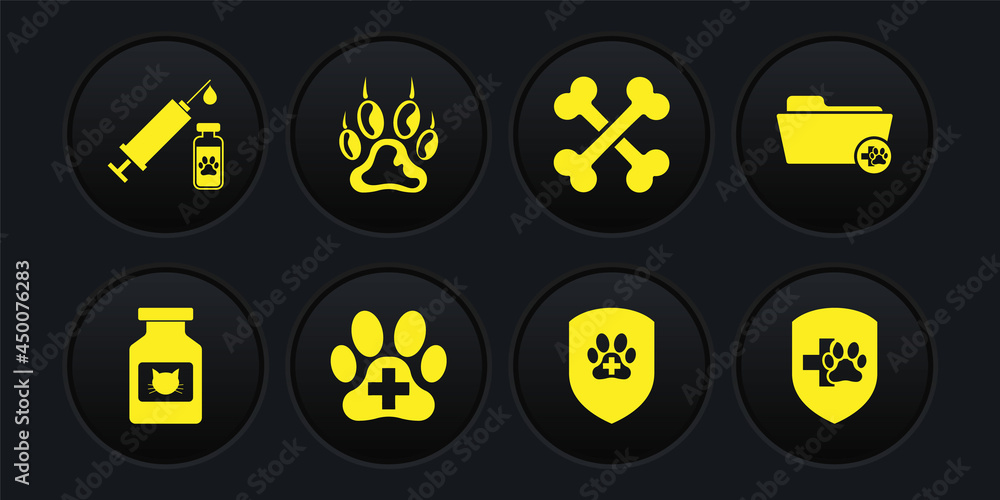 Set Cat medicine bottle, Medical veterinary record folder, Veterinary clinic, Animal health insurance, Crossed bones and Paw print icon. Vector Set Cat medicine bottle, Medical veterinary record folder, Veterinary clinic, Animal health insurance, Crossed bones and Paw print icon. Vector