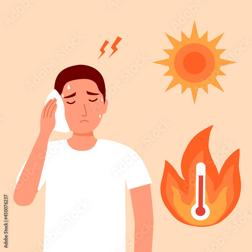 Young man suffering from heat stroke symptom. He got dizziness and sweaty in hot climate summer.